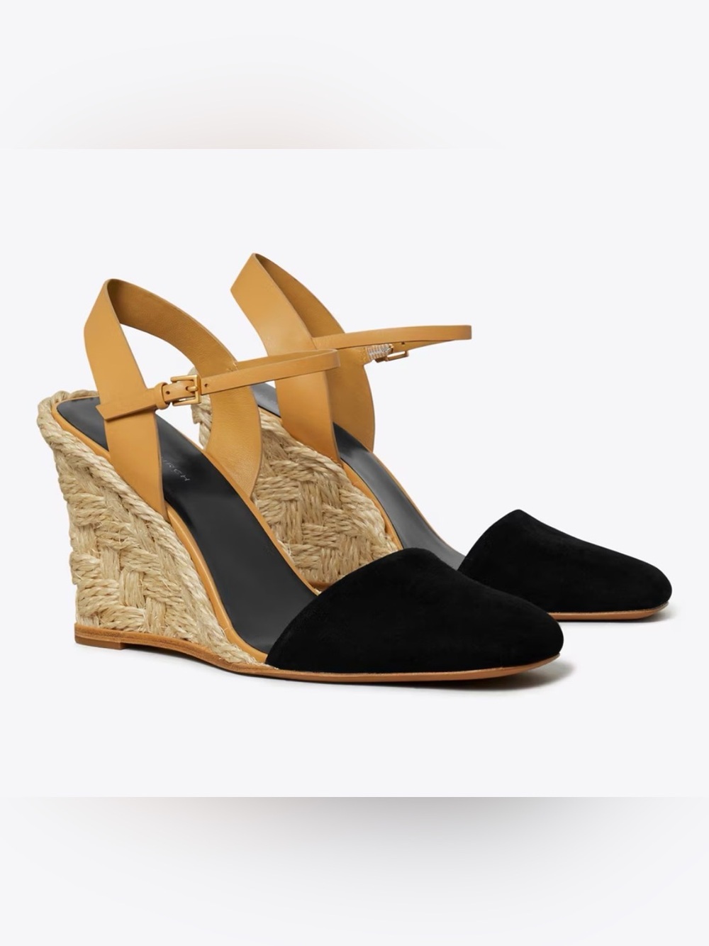 Tory Burch Black Suede and Tan Espadrille Wedge Sandals